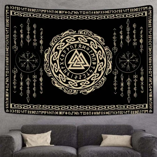 Miniatura 3 de F-FUN SOUL - Tapiz nórdico de vikings, tamaño grande 152 cm x 102 cm de franela suave, tapiz valknut vikingo con runas celtas, estética mitológica