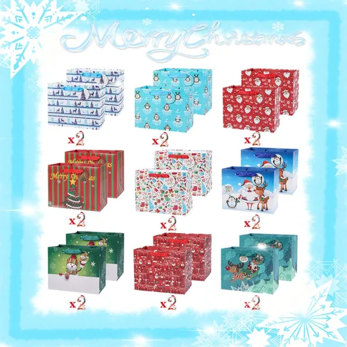 Miniatura 3 de JWSCYSY 18 Pack Bolsas de regalo de papel de Navidad con papeles de seda a granel, bolsas de regalo de Navidad medianas con diseños surtidos
