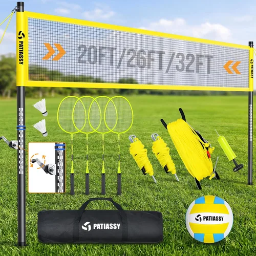 Conjunto combinado de voleibol y bádminton de 32 pies, 26 pies y 20 pies de ancho y altura ajustable con red, 4 raquetas de bádminton, 2 volantes de
