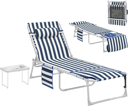 Outsunny Silla bronceadora con agujero frontal, mesa auxiliar, sillón reclinable plegable de 5 posiciones, tumbona reclinable, correas de transporte