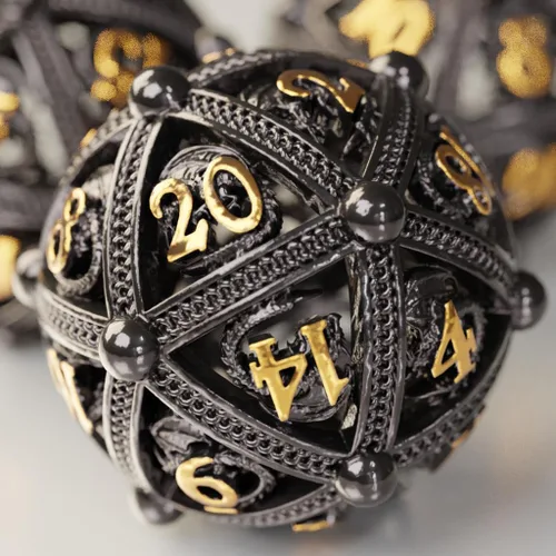 Miniatura 17 de Juego de dados de metal para DND – Diseño único de orbe hueco redondo para un mejor rodamiento – Hermoso juego de nudos celtas para juegos de rol
