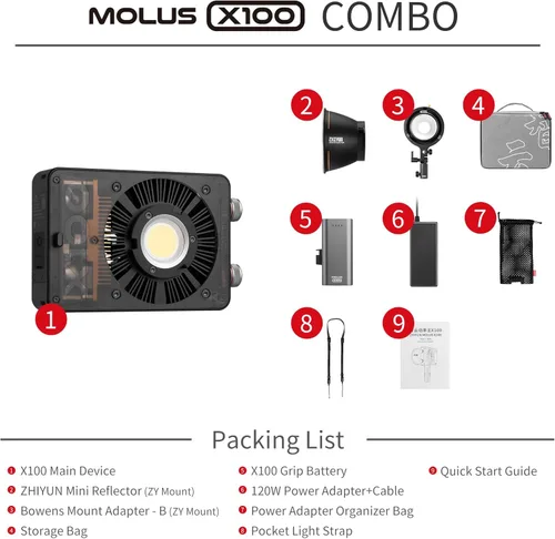 Miniatura 8 de Zhiyun MOLUS X100 Combo V2 versión mejorada LED de luz de video [oficial], portátil de 100 W, 2700 K-6500 K, CRI 95+ TLCI 97+, control de brillo
