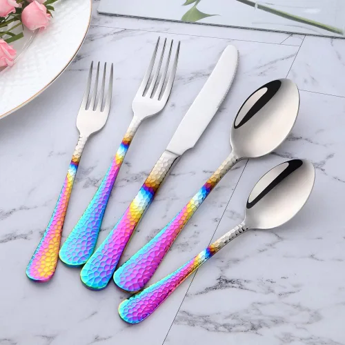 Miniatura 7 de Juego de cubiertos martillados, 20 piezas, cubiertos de cocina de acero inoxidable de alta calidad, esmalte de espejo, aptos para lavavajillas