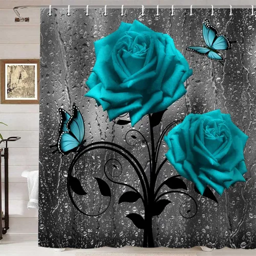 Miniatura 22 de Namdeva Cortina de ducha rústica de granja, diseño de mariposa azul, flores de algodón blanco, citas inspiradoras, estilo shabby chic, decoración