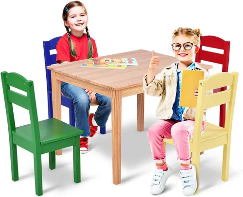 Miniatura 7 de Costzon - Juego de mesa y silla para niños, 5 piezas de mesa de actividades de madera y sillas para manualidades, tareas escolares, hora del Multi