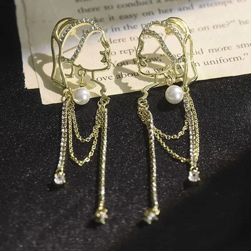 Miniatura 2 de Pendientes de perlas con borlas para mujer, aspecto dorado de niña con perlas, diseño único de moda, Zinc, Perla