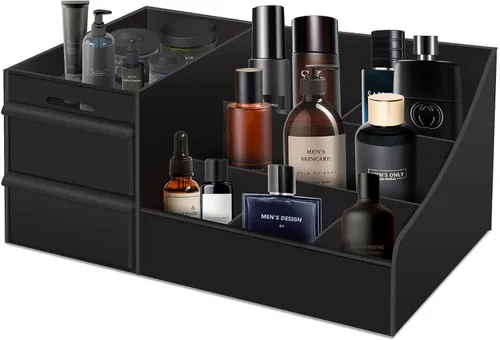 Organizador de tocador negro con cajones – Caja grande de almacenamiento para hombres en encimera para colonia, cuidado de la piel, maquillaje,