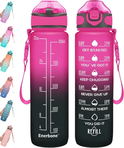 Enerbone Botella de agua de 32 oz con horas para beber y pajita, motivacional con correa para llevar, a prueba de fugas, sin BPA ni tóxicos, Rojo y