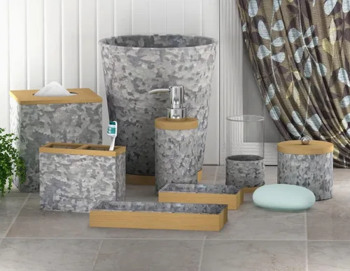 Miniatura 2 de nu steel Juego de 7 accesorios de baño de acero galvanizado y madera: incluye tarro de Q-tip, jabonera, soporte para cepillos de dientes, vaso