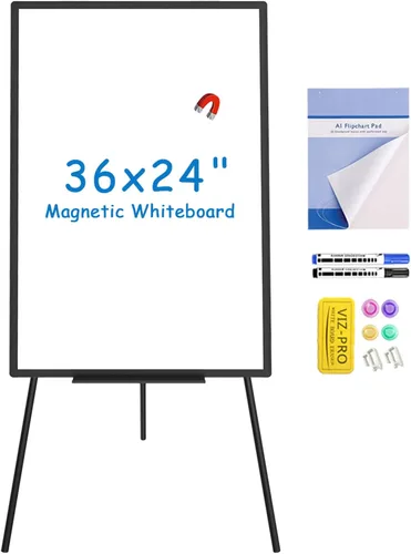 VIZ-PRO Caballete magnético para pizarra blanca negro, 36 x 24 pulgadas, pizarra portátil de borrado en seco, altura ajustable para escuela, oficina