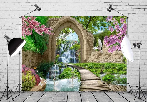 Miniatura 2 de BELECO Telón de fondo romántico de jardín de primavera de 5 x 3 pies, arco de piedra, cascada de montaña, flores de cerezo, paloma, árboles verdes