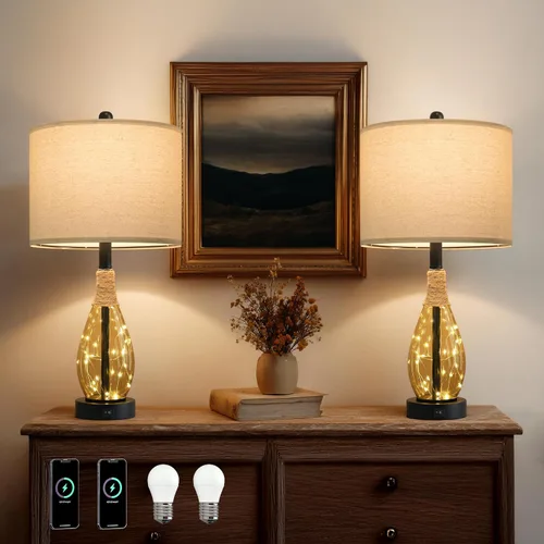 Miniatura 14 de OYEARS Juego de 2 lámparas de mesita de noche con USB, modernas lámparas de noche retro de cristal de ratán para dormitorio, sala de estar