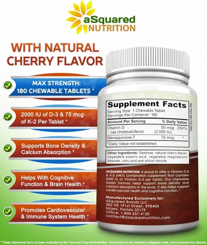 Miniatura 6 de aSquared Nutrition Vitamina D3 con suplemento K2-180 tabletas masticables, colecalciferol D-3 de fuerza máxima y K-2 MK7 para apoyar huesos