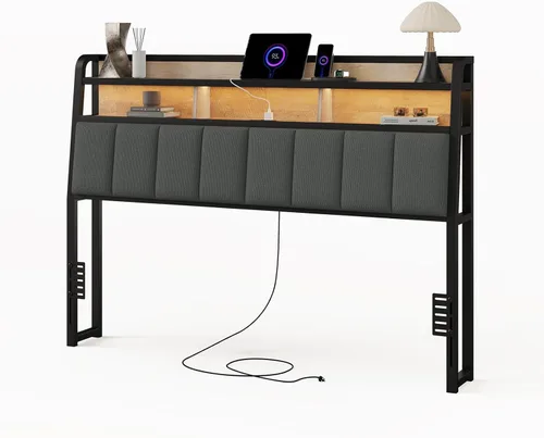 Miniatura 8 de Cabecera completa solo con almacenamiento, cabeceros tapizados para cama de tamaño matrimonial con luz LED, estación de carga, altura ajustable