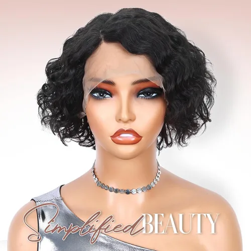 Miniatura 2 de WIGER Pelucas cortas con encaje frontal de cabello humano para mujeres, peluca corta rizada estilo Bob, peluca Pixie de encaje frontal negra, peluca