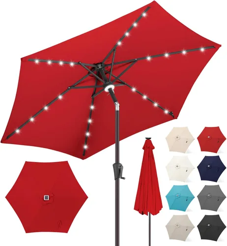 Miniatura 13 de FLAME&SHADE Sombrilla de patio con luz solar de 7.5 pies, 24 luces LED, sombrilla para exteriores con luz envolvente central, sombrilla de mesa