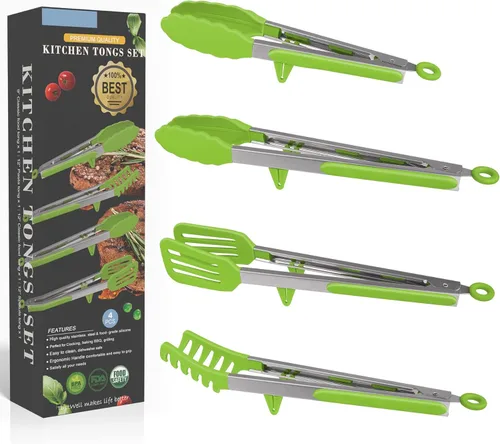 Miniatura 11 de Juego de pinzas de cocina de acero inoxidable 4 en 1 para cocinar con puntas de silicona, tostadora de bistec, pizza, pasta, espagueti, fideos, Negro