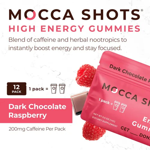 Miniatura 2 de SGC La concentración más alta de 100 mg de cafeína por gomita, 2 gomitas por paquete, paquete de 12 chupitos de Mocca de chocolate de frambuesa a
