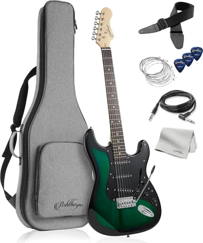 Ashthorpe - Guitarra eléctrica de 39 pulgadas (verde y negro), kit de guitarra de tamaño completo con bolsa acolchada, barra de trémolo, correa,