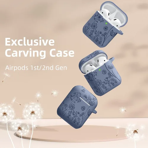 Miniatura 2 de Lerobo - Funda grabada con flores para estuche de AirPods, protector de silicona suave y elegante con llavero, compatible con estuche de carga