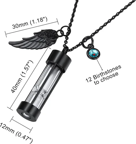 Miniatura 2 de MeMeDIY Collar de urna para hombre, de acero inoxidable, colgante conmemorativo de reloj de arena con ala de ángel, piedra natal redonda, recuerdo