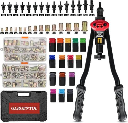 Miniatura 7 de Kit de herramientas de tuerca remachadora de 14 pulgadas, pistola de herramientas profesional con 6 mandriles métricos, 50 remaches, juego