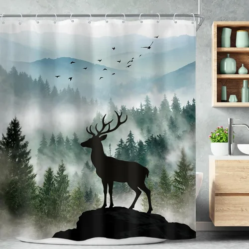 Miniatura 17 de Riyidecor - Cortina de ducha para baño pequeño de montaña, 36 pulgadas de ancho x 72 pulgadas de alto, verde, para RV, temática rústica, naturaleza