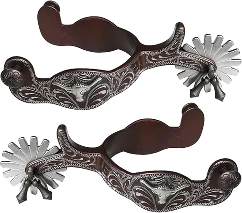 Espuelas occidentales envejecidas con adornos grabados a mano en plata alemana y ruleta con jingle bobs