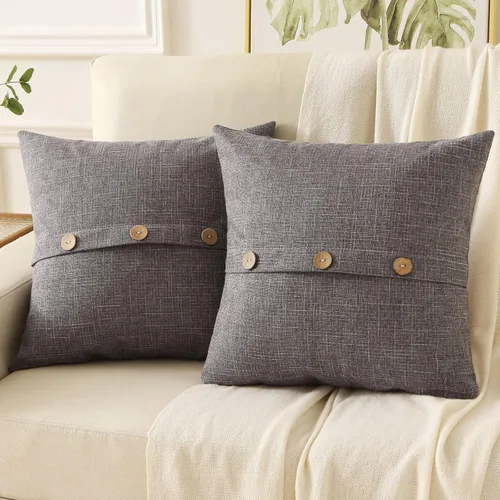 HAUSSY Juego de 2 fundas decorativas de almohada de lino gris oscuro de 20x20 pulgadas, estuche cuadrado con 3 botones vintage, decoración moderna
