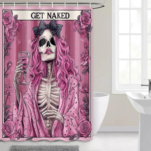 Miniatura 6 de Divertida cortina de ducha de esqueleto de calavera rosa, para Halloween, gótica, rosa, rojo, rosa, floral, vino tinto, terror, terror, cortina