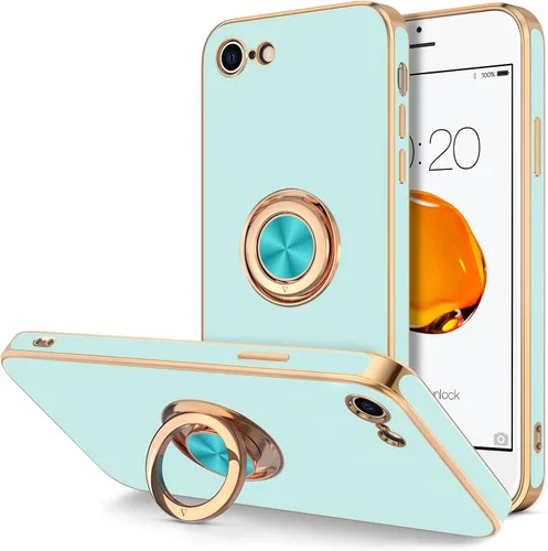 Miniatura 14 de Hython Funda para iPhone SE 2022, iPhone SE 2020, iPhone 7, iPhone 8 con soporte de anillo soporte magnético, chapado en oro rosa, TPU suave, Negro