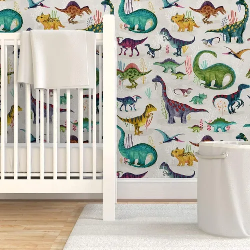 Miniatura 6 de Muestras de papel tapiz para despegar y pegar, dinosaurios, brillantes, grandes, verdes, para niños, rayas grises, dibujado a mano, dinosaurios