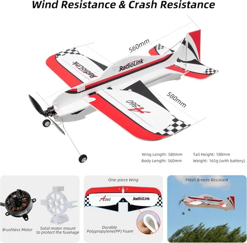 Miniatura 6 de Radiolink A560 Plug & Play (PNP) Avión 3D Radio Control 580mm de Envergadura con 6 Modos de Vuelo, Controlador de Vuelo Byme-A de 4 Canales