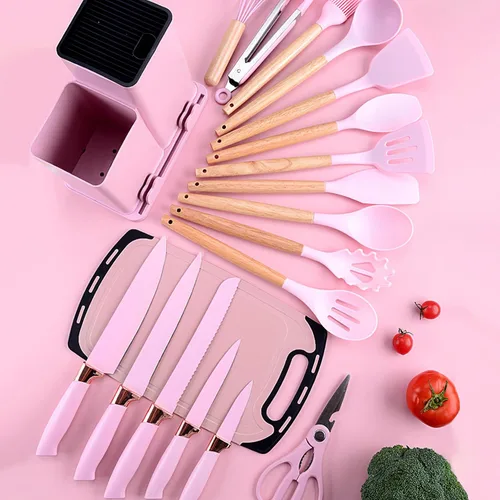 Miniatura 5 de Caliamary - Juego de utensilios de cocina de silicona de 19 piezas con soporte y juego de cuchillos de cocina para cocinar, antiadherentes
