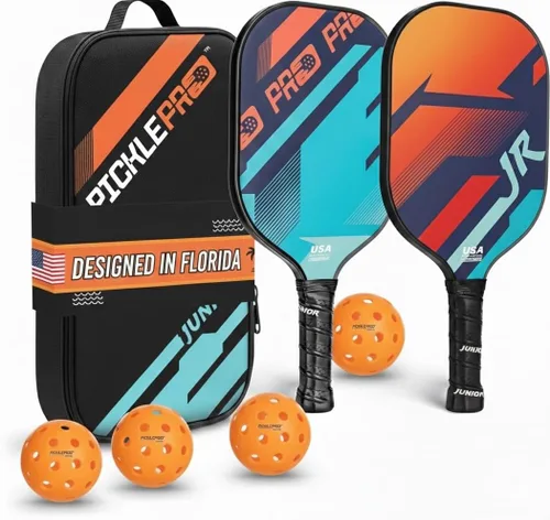 PicklePro Junior - Juego de 6 paletas de pickleball probadas en laboratorio con 2 paletas junior, 4 bolas y bolsa, cara de fibra de vidrio aprobada