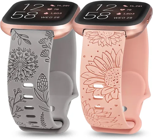Minyee Paquete de 2 correas con grabado floral compatibles con Fitbit Versa 2/Fitbit Versa/Versa Lite para mujeres, linda correa deportiva de