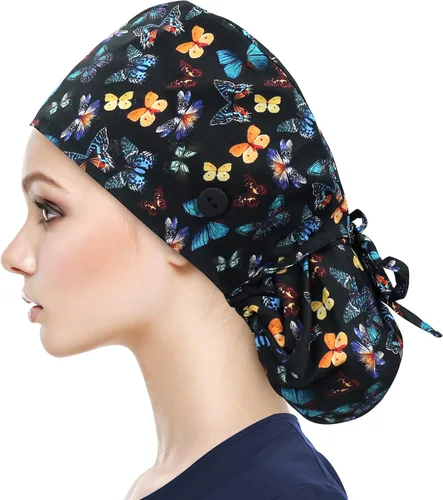 Miniatura 27 de QBA Gorra de trabajo ajustable con botón, gorro forrado de satén, gorro de trabajo de algodón, banda elástica para atar en la espalda, unisex Pt