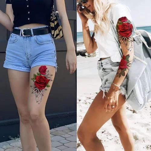 Miniatura 5 de ROARHOWL Impresionantes tatuajes temporales de rosas para mujeres, conjunto de tatuajes de gran tamaño (rosa 1)