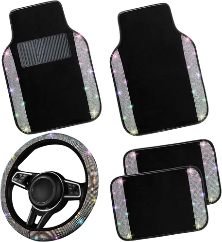 Miniatura 25 de NBTEPEM Juego completo de alfombrillas brillantes para piso de automóvil y funda para volante, ajuste universal para la mayoría de los automóviles
