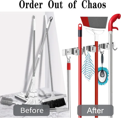 Miniatura 5 de Soporte para trapeador de escoba de montaje en pared, organizador de metal para almacenamiento de garaje, jardín, cocina, herramientas con 4 Plata