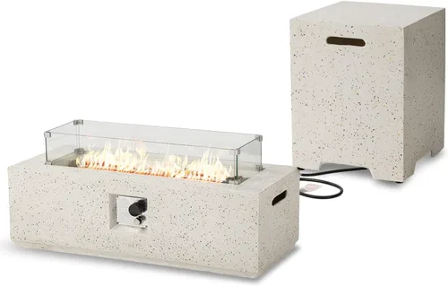Miniatura 5 de SUNBURY Mesa de fuego de propano para exteriores de 42 pulgadas, mesa rectangular con tanque de 40,000 BTU, mesa de gas blanca manchada para patio