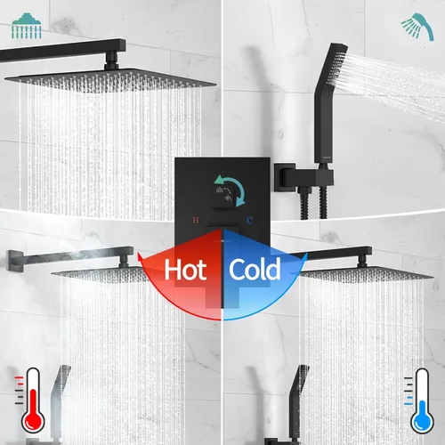 Miniatura 6 de SR SUN RISE Sistema de Ducha Negro Mate de 12 Pulgadas, Sistema de Ducha de Latón de 12 Pulgadas para Baño de Lujo con Mezclador de Lluvia, Conjunto