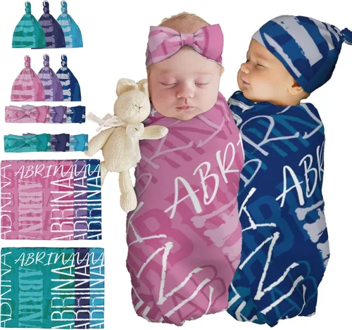 Miniatura 12 de Juego de manta personalizada para bebé con diadema acogedora y sombrero para niñas y niños recién nacidos, manta personalizada con nombre de bebé