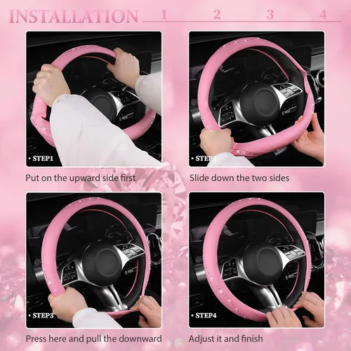 Miniatura 7 de CAR PASS Funda para Volante de Cuero Rosa con Diamantes de Imitación Brillantes, Piedras de Imitación Brillantes con Tachuelas Ajuste Universal 14