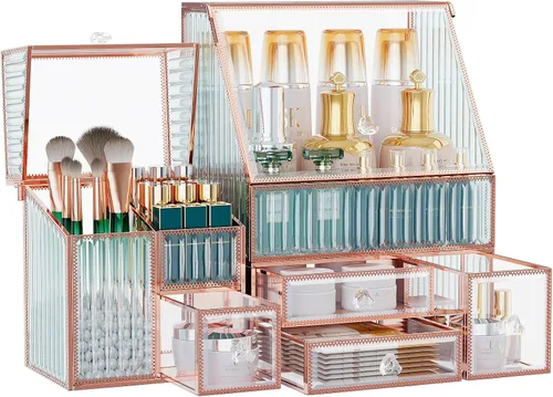 Miniatura 7 de Youdepot Caja de exhibición de maquillaje de vidrio para tocador y encimera de baño – Gran estuche de exhibición de cosméticos y solución