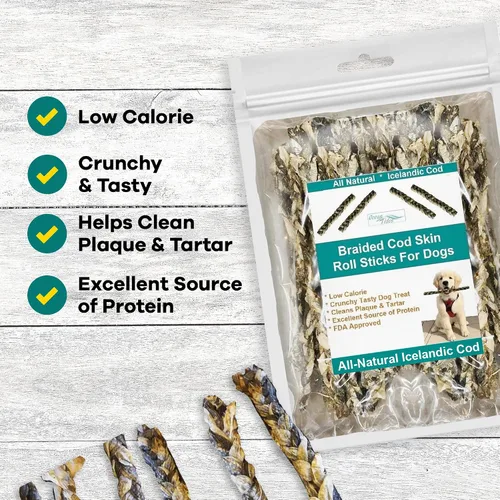 Miniatura 3 de Ocean Tides Pieles trenzadas de bacalao islandés de 8 onzas para perros y gatos – Un solo ingrediente, piel de pescado capturada en la naturaleza