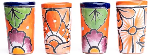 Miniatura 6 de Juego de 4 vasos de chupito Talavera auténticos mexicanos para tequila - Pintados a mano - 2 Oz (Flores naranjas)