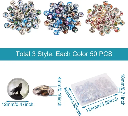 Miniatura 2 de 150 cabujones de cristal de animales de 0.47 pulgadas de 0.47 pulgadas, mitad redondos, pájaro, lobo, mariposa, cabujones de cúpula de vidrio