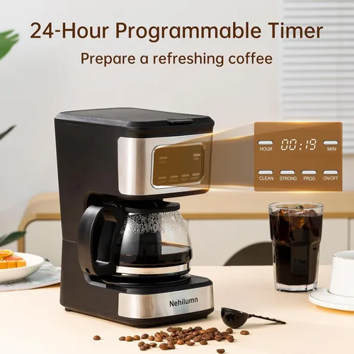 Miniatura 7 de Cafetera programable para 5 tazas, filtro reutilizable, indicador de nivel de agua transparente, apagado automático, cafetera negra y de acero
