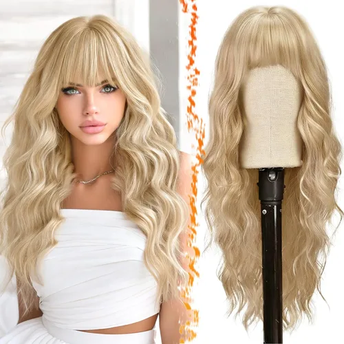 Miniatura 24 de BARSDAR Peluca rubia corta ondulada con flequillo, pelucas cortas onduladas de 14 pulgadas para mujer, pelucas sintéticas suaves hasta el hombro